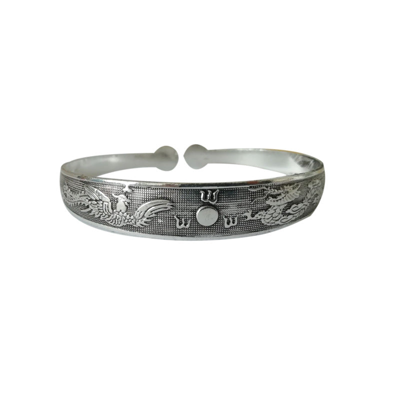 Wholesale Vintage elephant carved open women's dragon and phoenix bracelet ethnic style Tibetan silver bracelet Miao silver bracelet